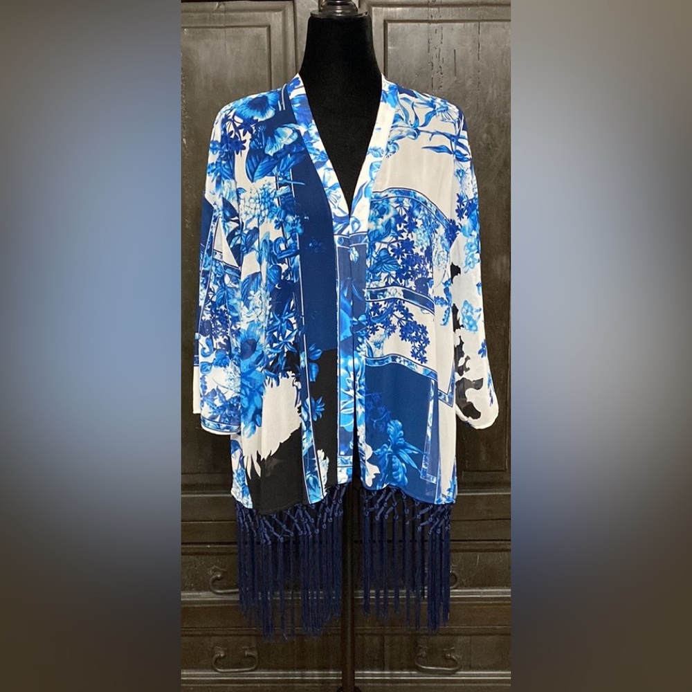 Blue/wht lilies sheer with fringes Kimono -  One Size